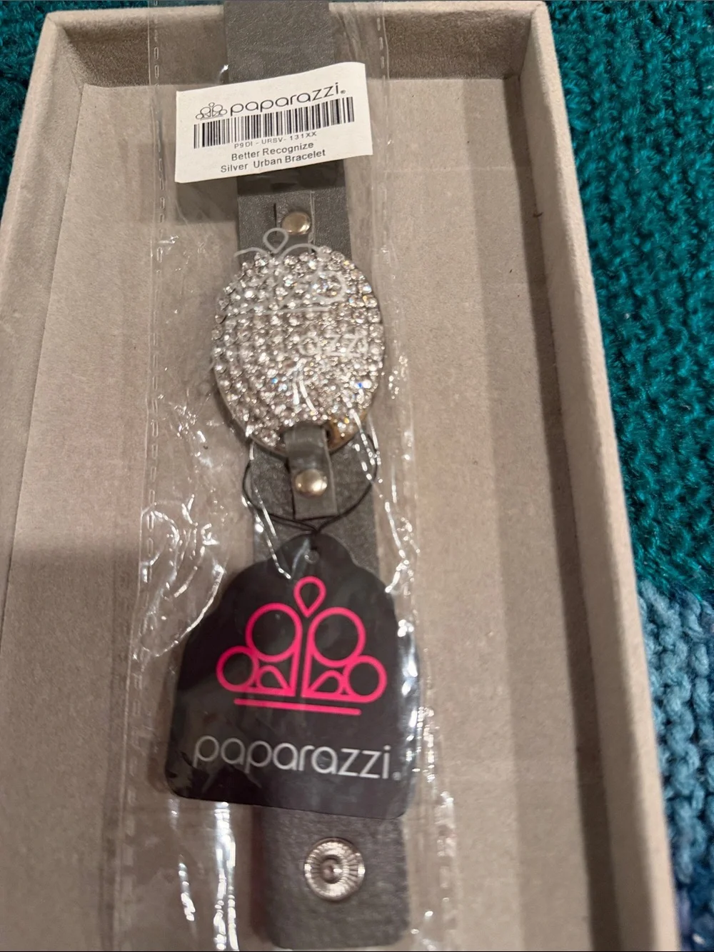 Paparazzi Silver Crystal Oval Gray Leather Bracelet